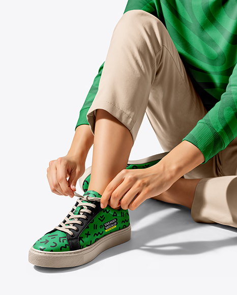 Woman Tying Sneakers Mockup