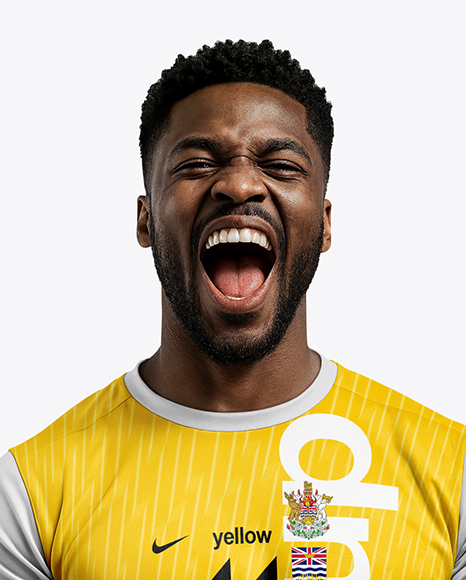 Soccer Player Wearing Jersey and Shorts Holds Cup Mockup