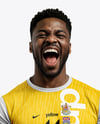 Soccer Player Wearing Jersey and Shorts Holds Cup Mockup