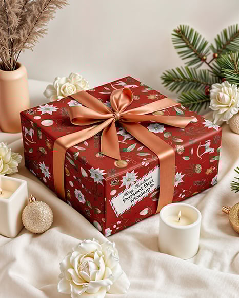 X-mas Gift Box with Bow and Decorations on Background Mockup - Christmas mockup