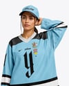 Woman Wearing Ice Hockey Jersey and Cap Mockup