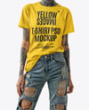 Woman with Tattoo Wearing T-shirt and Ripped Jeans Mockup