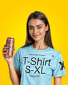 Woman Wearing a T-shirt Holding 16oz Drink Can Mockup
