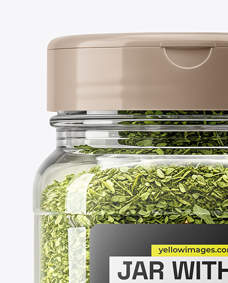 Square Plastic Jar with Parsley Flakes Mockup