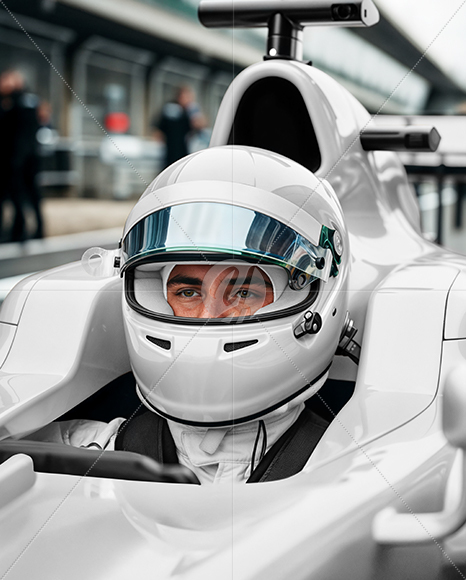 Man Wearing Racing Kit in Formula 1 Car Mockup