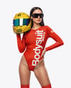 Woman Wearing Bodysuit With Racing Helmet Mockup