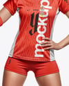A Woman Wearing a Full Volleyball Kit With Ball Mockup