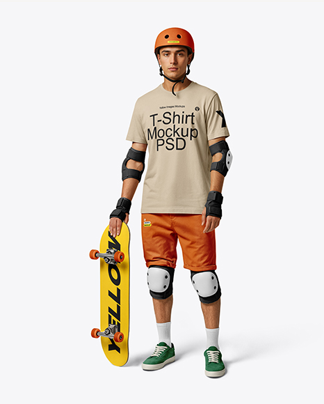 Skater in Protective Gear with Skateboard Mockup - Kit mockup psd