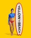 Woman Wearing Long Sleeve Rashguard and Bikini Bottom Holding Surfboard Mockup
