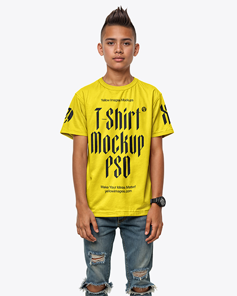 Boy Wearing T-shirt and Ripped Jeans Mockup - Mockups