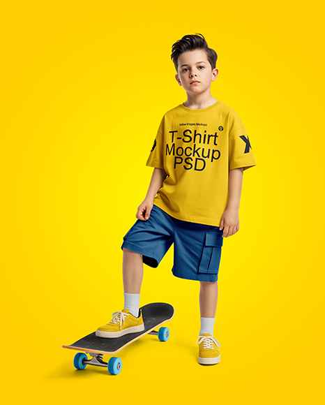 Boy Wearing T-Shirt and Cargo Shorts with Skateboard Mockup