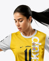Female Soccer Player Wearing Jersey and Shorts Mockup
