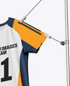 Training Short Sleeve Jersey Hanging on a Hooked Frame Mockup