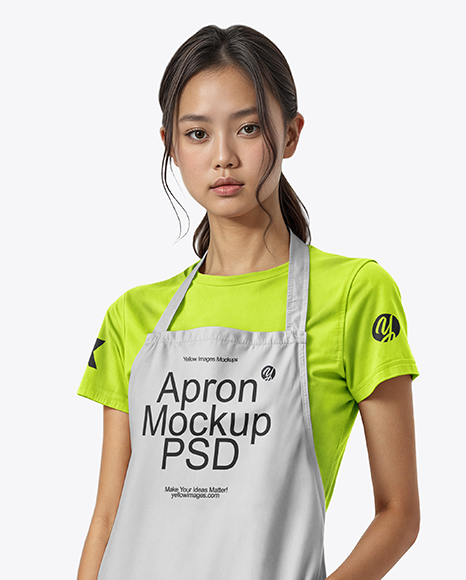 Asian Woman Wearing Apron and T-Shirt Mockup
