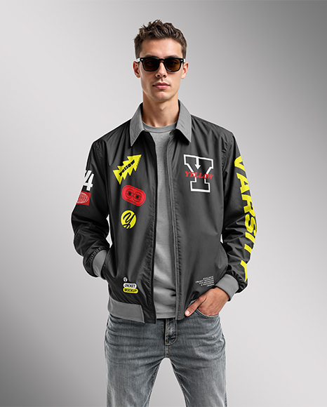 Young Man in Sunglasses Wearing Harrington Jacket and Jeans Mockup