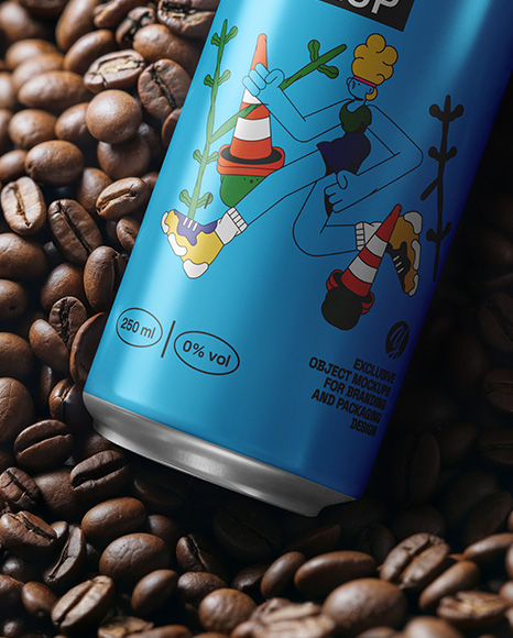 Drink Can on a Stack of Coffee Beans Mockup