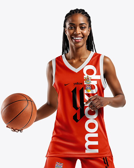Woman Wearing Full Basketball Uniform and Holding Ball Mockup