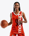 Woman Wearing Full Basketball Uniform and Holding Ball Mockup