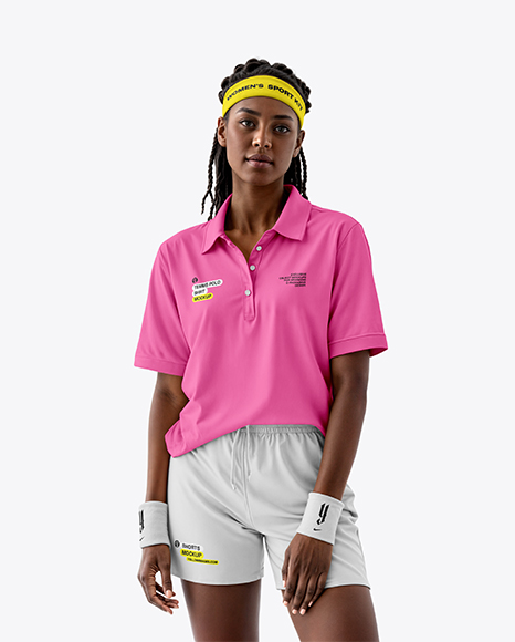 Young Black Woman Wearing Tennis Polo Shirt and Shorts Mockup - Mesh shorts mockup