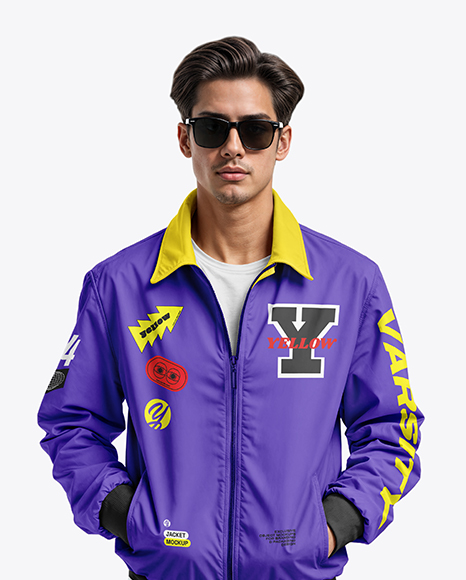 Young Man Wearing Harrington Jacket and Jeans Mockup