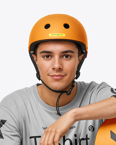 Skater in Protective Gear with Skateboard Mockup