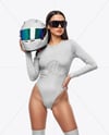 Woman Wearing Bodysuit With Racing Helmet Mockup