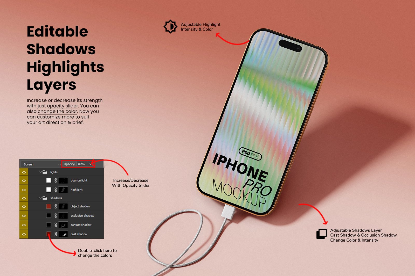 iPhone Pro with Charging Cable Mockup Set
