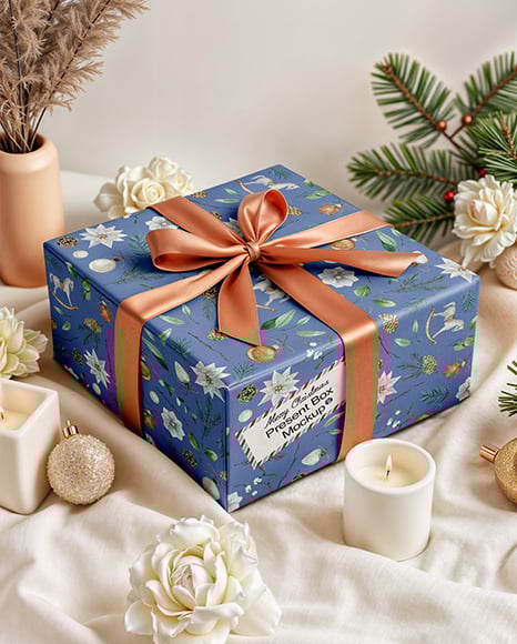 X-mas Gift Box with Bow and Decorations on Background Mockup