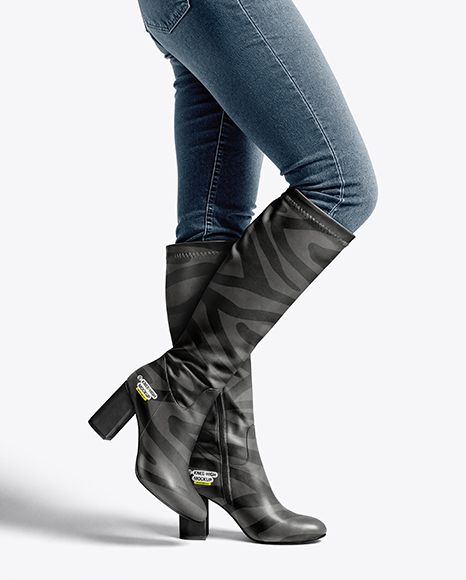 Pair of High-Knee Boots on Women's Legs with Jeans Mockup - Stacked jeans mockup