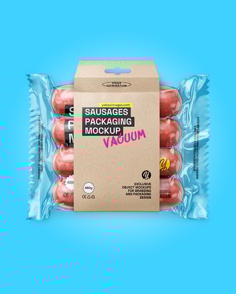 Clear Plastic Flow-Pack with Sausages in Kraft Paper Holder Mockup