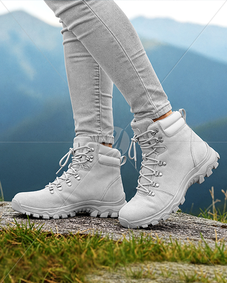 Pair of Hiking Boots on Woman's Legs with Jeans Mockup