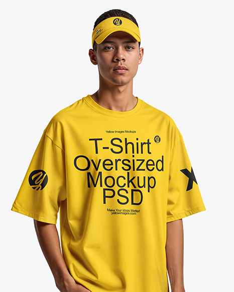 Man Wearing Oversized T-Shirt and Sun Visor Mockup