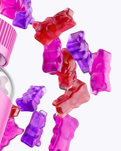 Plastic Bottle with Flying Gummies Mockup