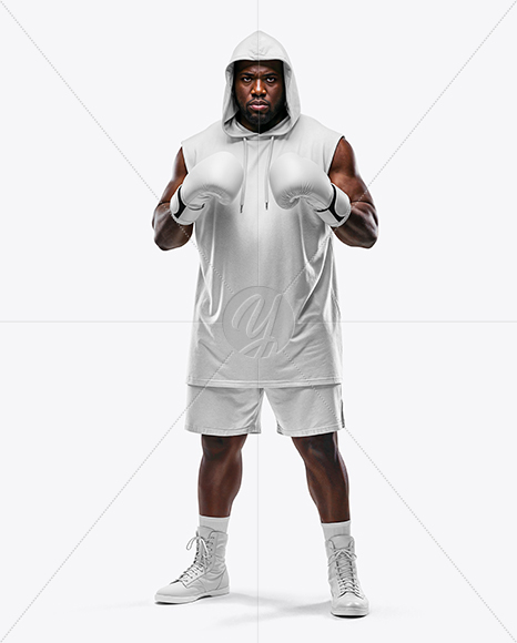 Black Man Wearing Boxing Sleeveless Hooded Shirt and Shorts Mockup