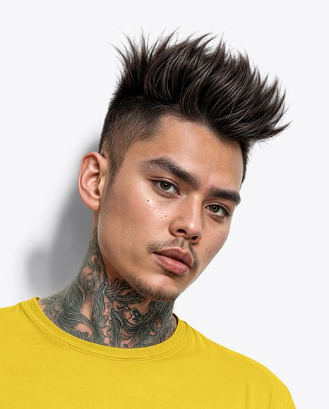 Young Man with Tattoo Wearing T-shirt and Ripped Jeans Mockup