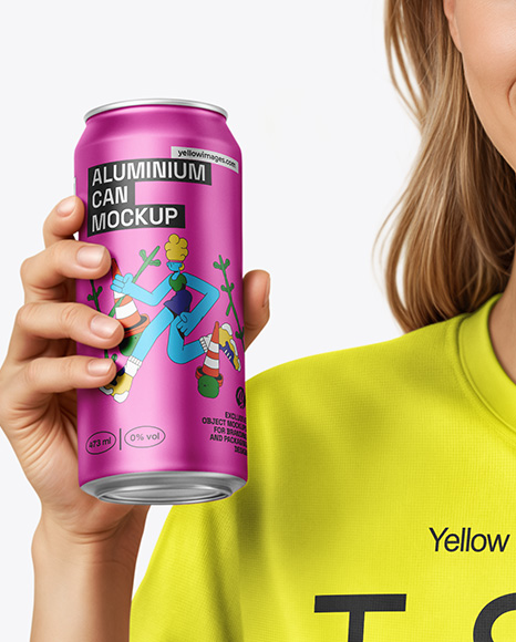 Woman Wearing a T-shirt Holding 16oz Drink Can Mockup