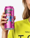 Woman Wearing a T-shirt Holding 16oz Drink Can Mockup