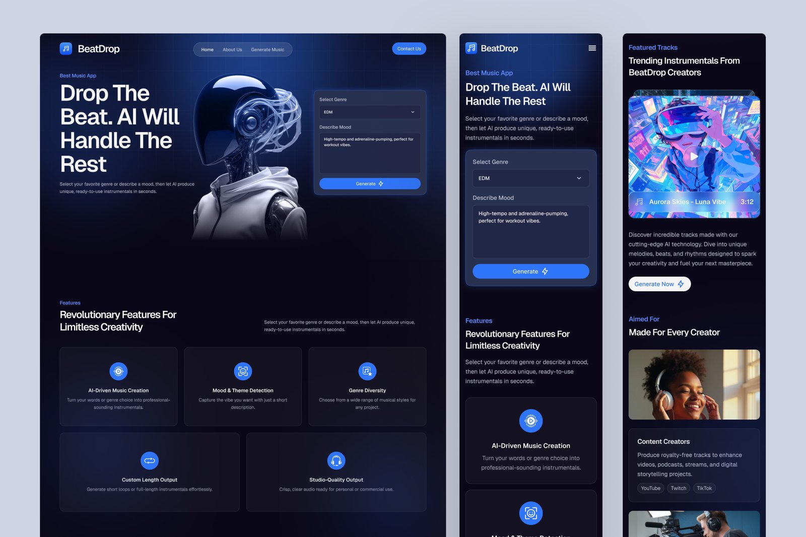 BeatDrop - AI Music Generator Website UI Figma Template
