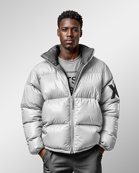 Black Man Wearing Puffer Jacket and Pants Mockup