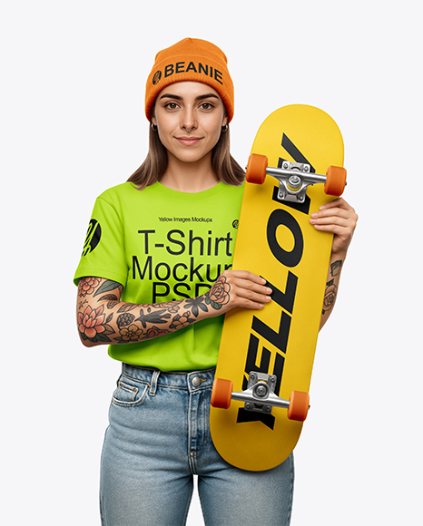 Woman Wearing T-shirt and Beanie Hat with Skateboard Mockup