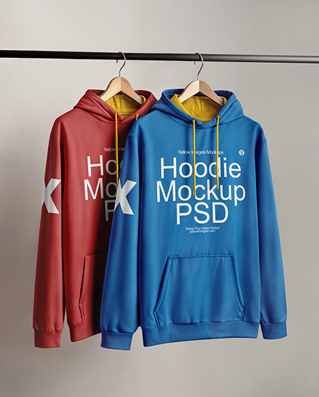 Two Hoodies on a Wooden Hanger Against a Plain Background Mockup