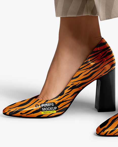 Block Heel Pumps on Woman's Legs with Pants Mockup