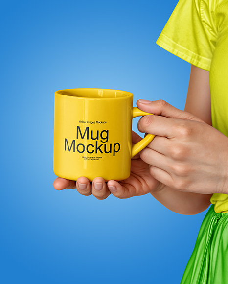 Woman Holding Glossy Mug in a Hands Mockup - Frosted mug mockup
