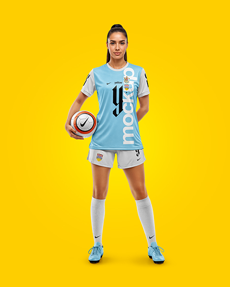 Woman Wearing Soccer Jersey and Shorts Mockup