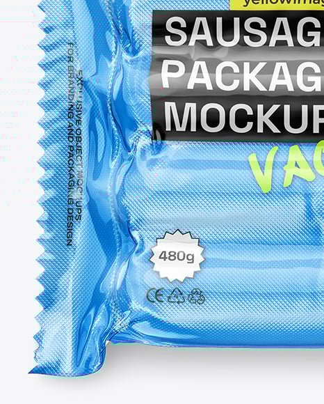 Glossy Plastic Flow-Pack with Sausages Mockup