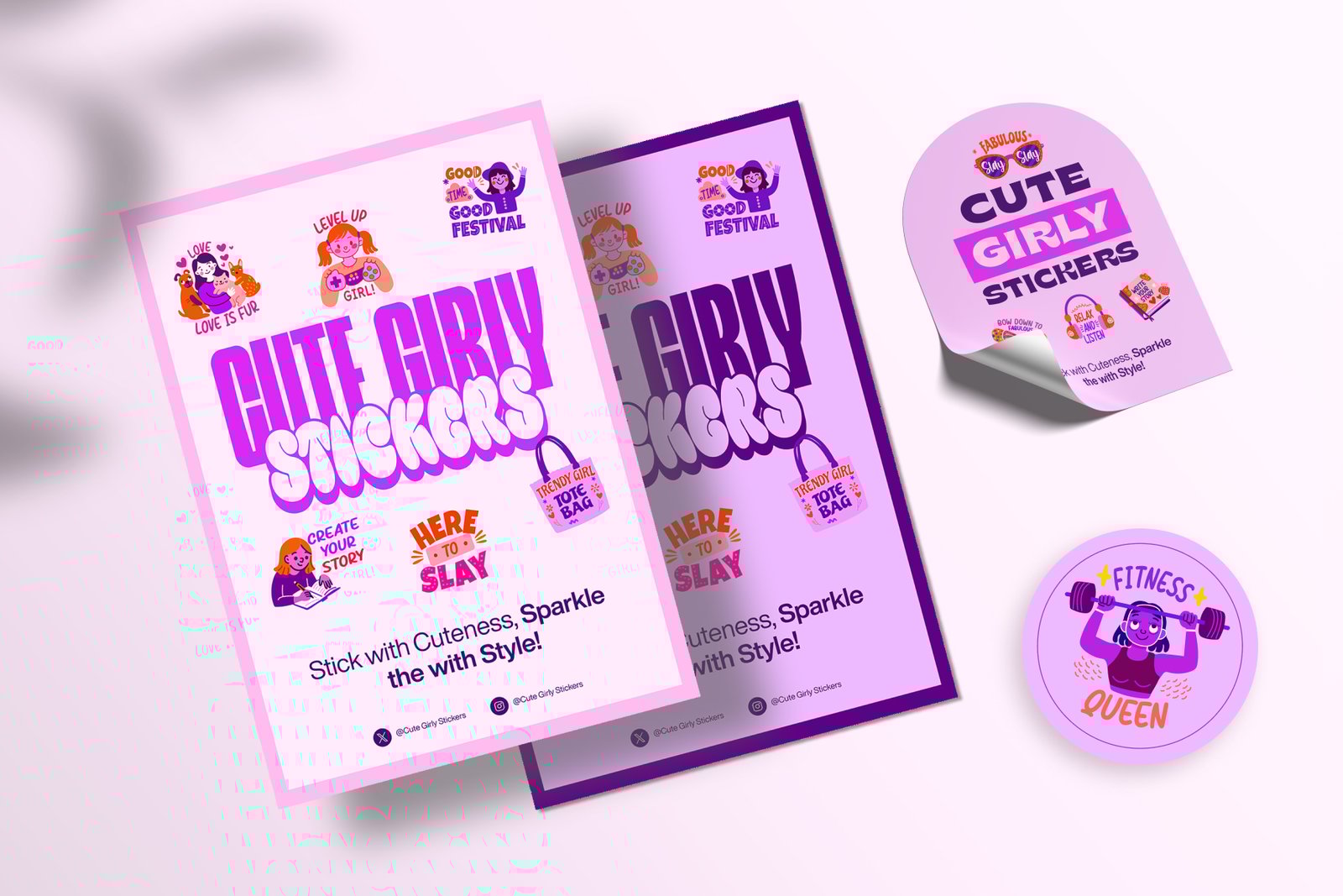 Flat Cute Girly Stickers Set