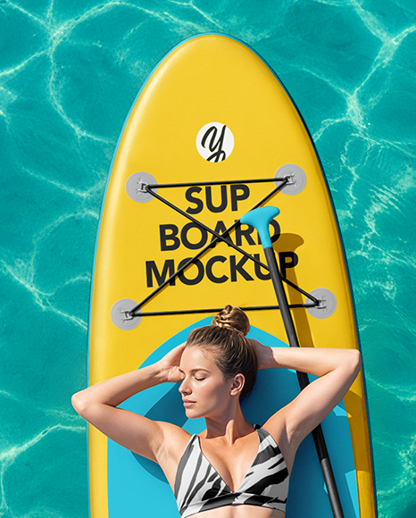 Woman Wearing Bikini Lying on SUP Board Mockup