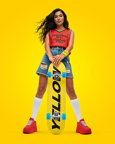 Woman Wearing Sleeveless Shirt and Jean Shorts with Skateboard Mockup