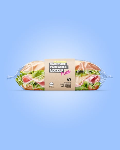 Clear Plastic Flow-Pack with Sandwich in Kraft Paper Sleeve Mockup