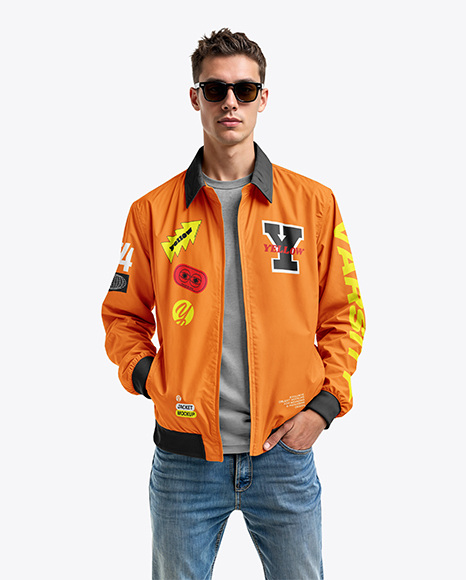 Young Man in Sunglasses Wearing Harrington Jacket and Jeans Mockup - Jacket mockup
